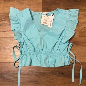Small 100% Cotton Day & Moon Boutique Blue Cropped Ruffle Blouse Flutter Sleeve